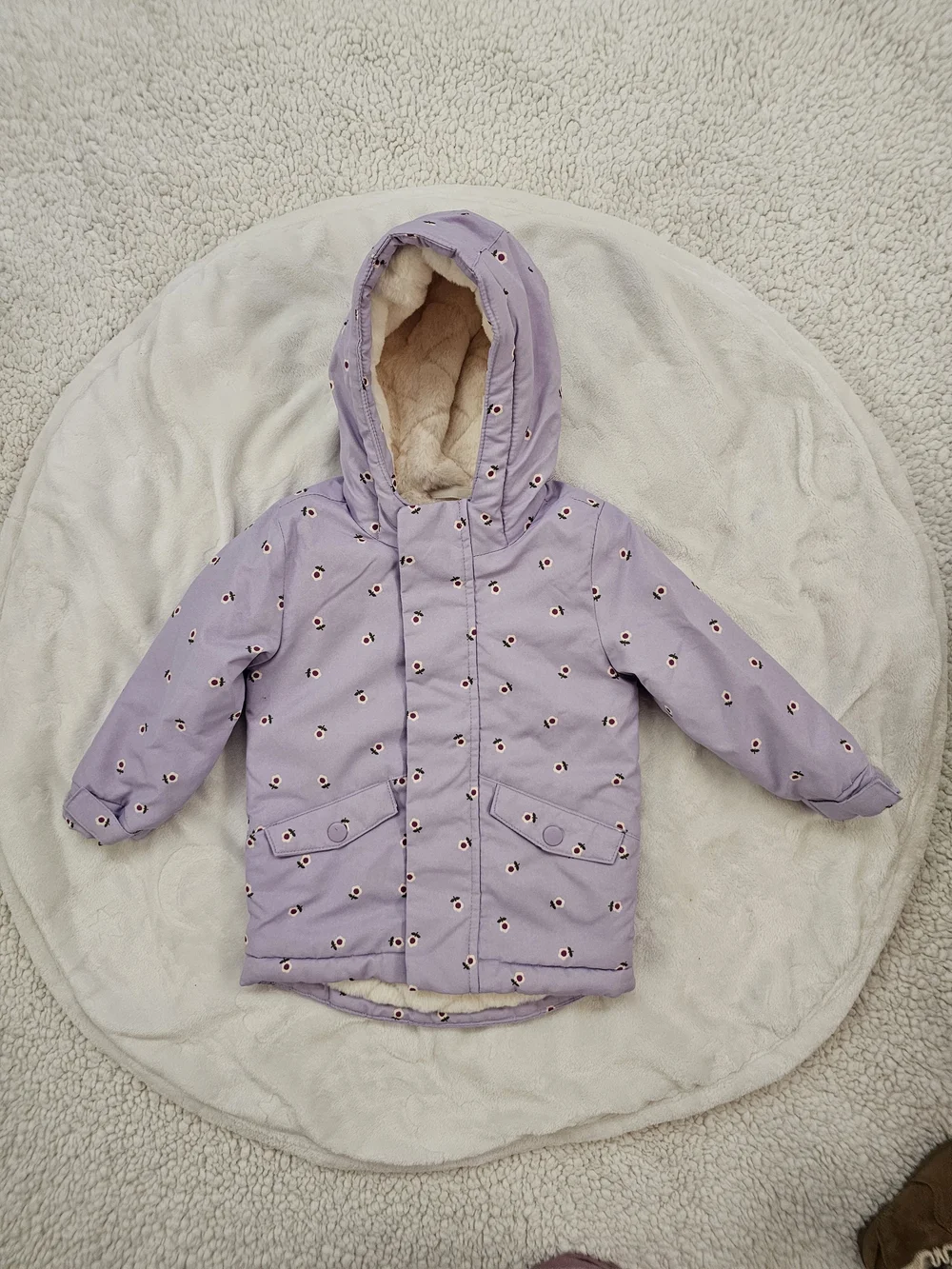 Cat & Jack Lavender Hooded Quilted Coat with Cream Faux Fur Lining